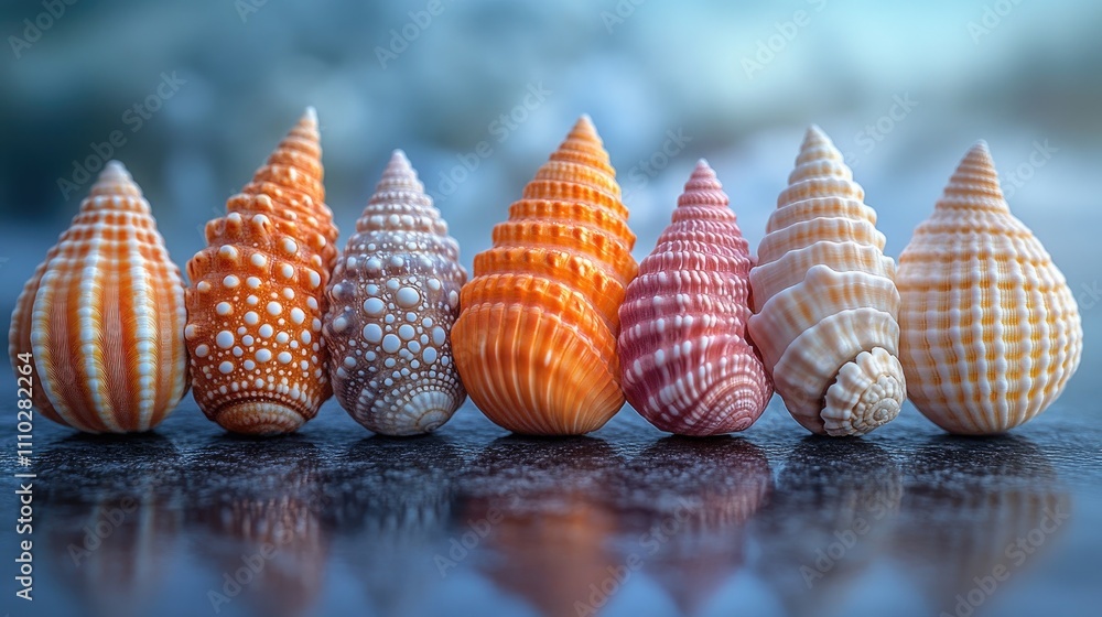 Poster colorful assortment of mediterranean seashells arranged in a row showcasing diverse patterns and tex