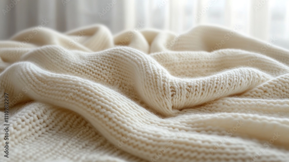 Aufkleber cozy knitted blanket draped elegantly on a soft surface with natural light creating a serene atmosph