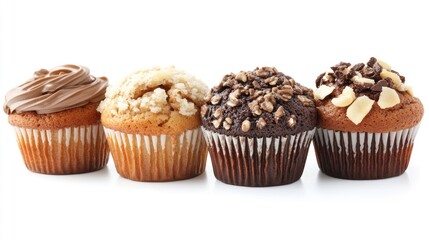Assorted delicious muffins with various toppings displayed on a clean white background showcasing their textures and colors