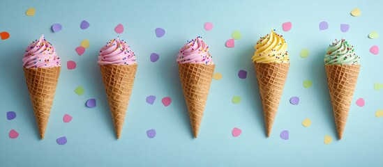 Colorful ice cream cones with sprinkles on a pastel backdrop surrounded by festive confetti for party celebrations or summer events