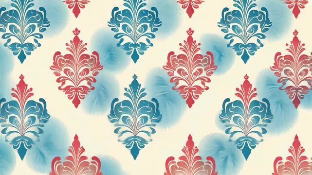 Beautifully designed damask pattern featuring blue and red motifs on a white background