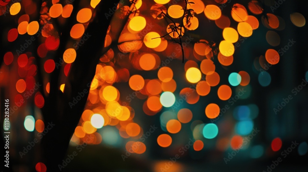Poster vibrant red and orange bokeh lights creating a dreamy abstract background with a tree silhouette in 
