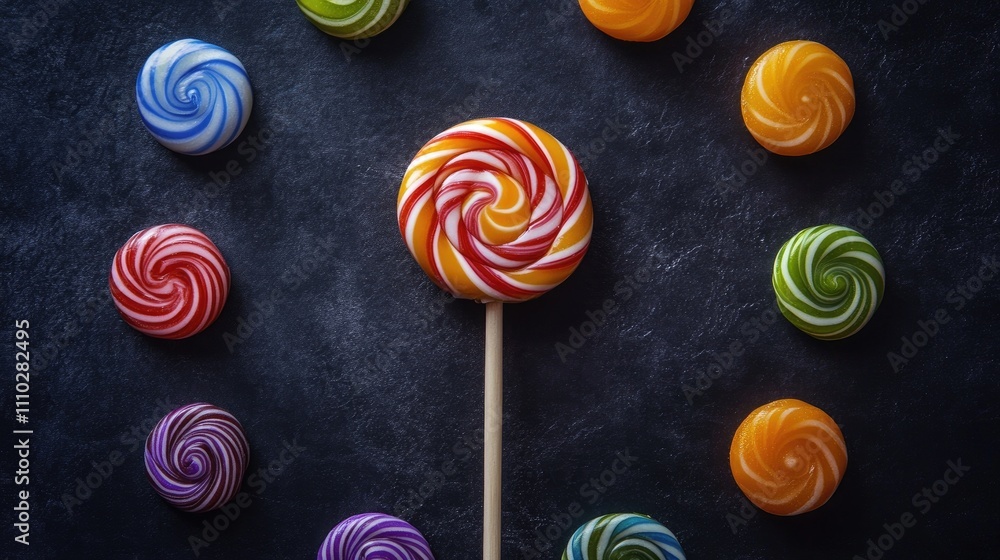 Poster colorful spiral lollipops arranged in a circular pattern on a dark background showcasing a vibrant c