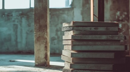 Obraz premium Polystyrene insulation boards stacked in a warehouse setting with industrial background and natural light streaming through windows