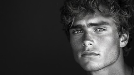 Young handsome man portrait in studio with striking features against a dramatic black and white background.