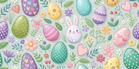 A cheerful Easter pattern featuring colorful eggs, bunny, flowers, and leaves on a soft green background.