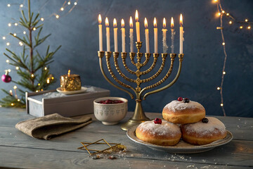 Obraz premium . Festive Hanukkah menorah with sufganiyot and decorations.