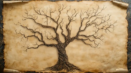 Family tree outline on aged parchment showcasing empty branches for genealogy research