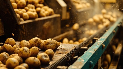 Potatoes moving on conveyor belts for winter storage in a cellar showcasing agricultural processing and efficiency in food preservation