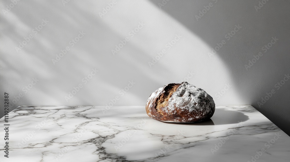 Poster rustic artisanal bread loaf on a marble countertop with soft shadows creating a serene and inviting 