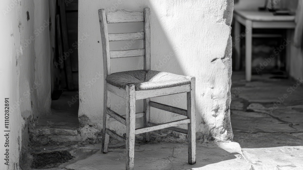 Poster classic wooden chair in monochrome setting with soft light highlighting its rustic charm and surroun