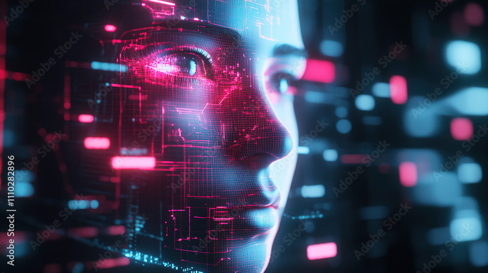 Aufkleber digital ai face surrounded by vibrant holographic data, reflecting advanced technology and innovatio