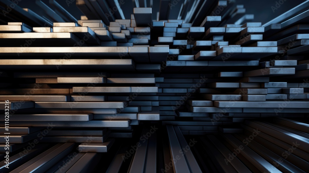 Poster industrial steel stacks forming an abstract background with dynamic lines and textures, ideal for de