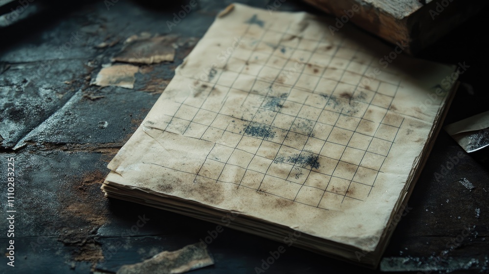 Aufkleber worn vintage notebook paper with grid pattern resting on a rustic surface highlighting aged textures