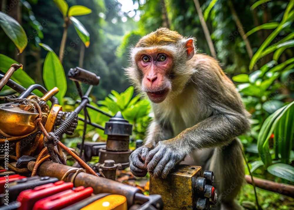 Aufkleber curious monkey engaging with engineering tools in a vibrant jungle setting for macro photography exp