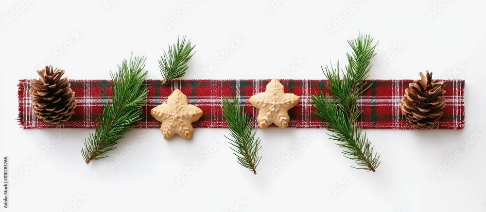 Poster festive flat lay of red tartan cookies pine cones and fir branches creating a minimalist christmas s