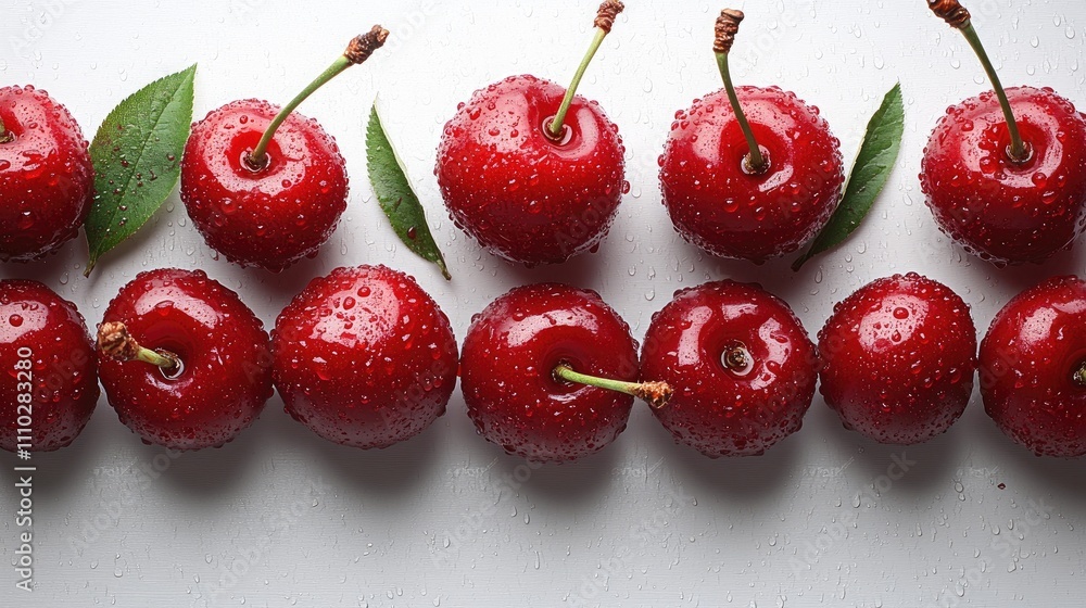 Poster fresh red cherries arranged on a white background with droplets and green leaves creating a vibrant 