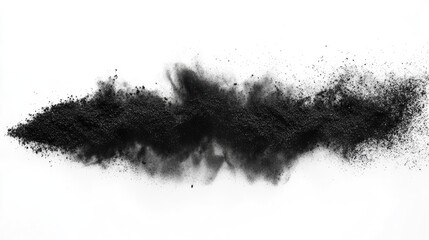 Fototapeta premium Black powder dispersing on a white background showcasing texture and movement for art and design backgrounds or product displays.