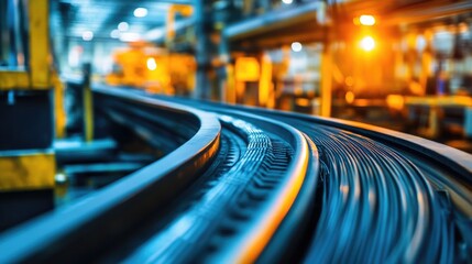 Modern factory interior showcasing the intricate process of electrical cable production on a dynamic manufacturing line.