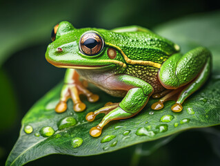 Obraz premium Vibrant Green Frog Resting on Leaf with Raindrops in Lush Tropical Environment