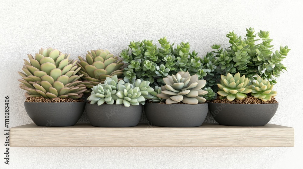 Poster modern wooden shelf displaying an array of succulent plants in stylish pots against a minimalist whi