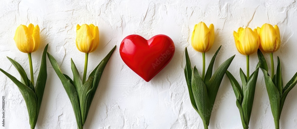 Poster red heart and yellow tulips arranged symmetrically on a textured white background creating a romanti