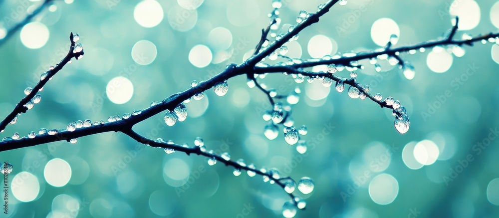 Poster morning dew on branches with soft focus bokeh effect creating a serene and tranquil nature scene fil