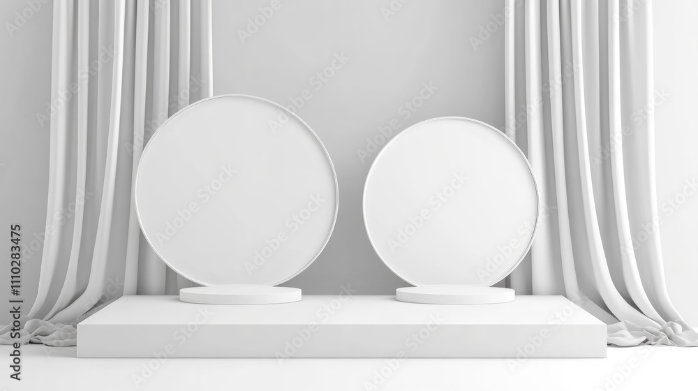 Poster minimalist display with two empty circular pedestals in front of draped curtains in a bright, modern