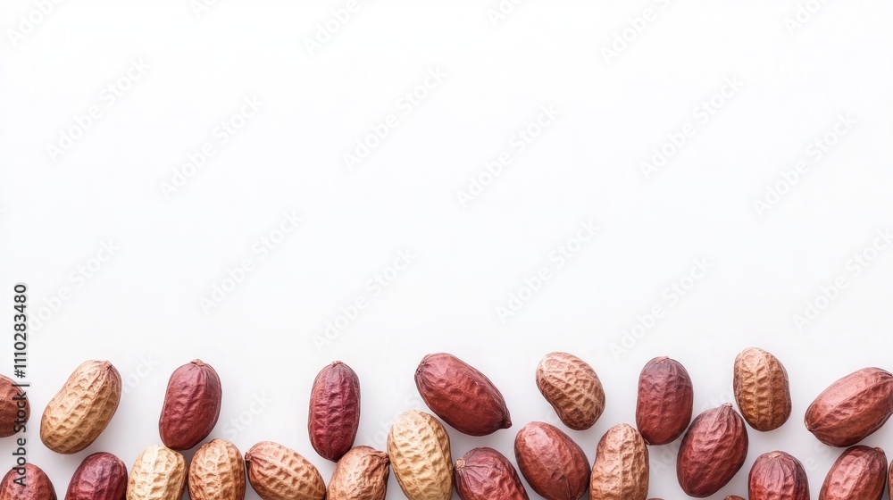 Poster assorted peanuts with textured shells arranged in a line on a white background creating ample copy s
