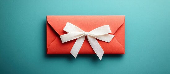Red envelope with white ribbon bow containing money on a teal background symbolizing gifting and celebrations in a festive setting.