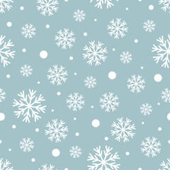 Seamless vector Christmas pattern with white snowflakes on turquoise background