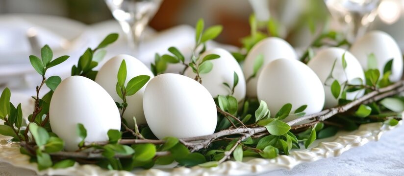 White eggs nestled in spring twigs and greenery on an elegant platter for a festive seasonal decoration