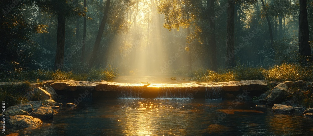 Poster tranquil forest scene with sunlight filtering through trees reflecting on calm water surface