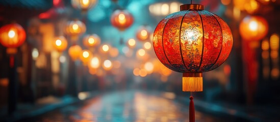 Chinese lanterns illuminating a festive street symbolizing hope and prosperity for the New Year...