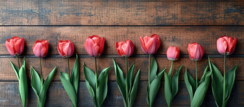Valentine's Day backdrop with vibrant red tulips arranged on rustic wooden surface for romantic celebrations and decorations.