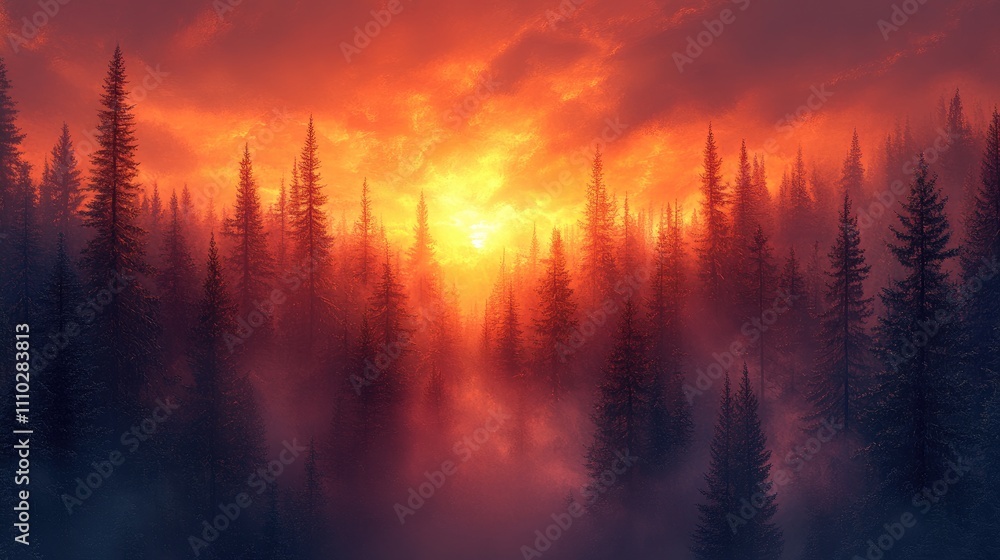 Poster sunset over a misty forest with towering pine trees creating a serene and dramatic landscape atmosph