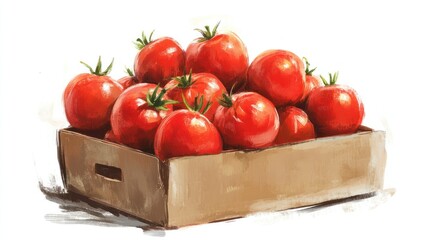 Illustration of a pile of ripe tomatoes overflowing slightly from a rustic cardboard box, dynamic composition on white