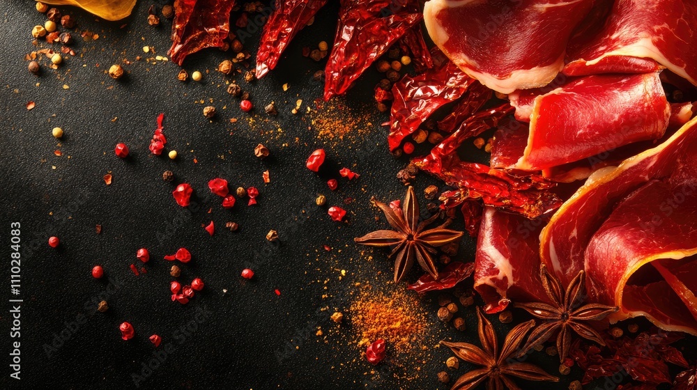 Poster closeup of cured beef ham sliced with assorted spices and dried red peppers on a dark background for