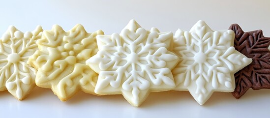 Obraz premium Snowflake shaped cookie cutter set with decorated cookies on a clean white background ideal for holiday baking and winter-themed treats