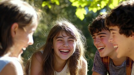 Fototapeta premium Teenagers laughing together at a picnic, enjoying each otherâ€™s company in the sun.