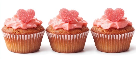 Pink cupcakes with heart-shaped candies on top isolated on white background perfect for Valentine's Day or festive celebrations.