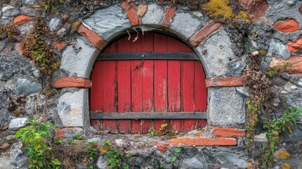 Rustic stone wall with a vibrant red wooden door arch epitomizing historical architecture and enduring charm in nature's embrace