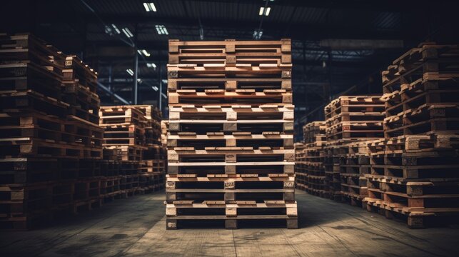 Warehouse interior featuring a neatly arranged stack of wooden pallets in a spacious industrial setting for storage and logistics imagery.