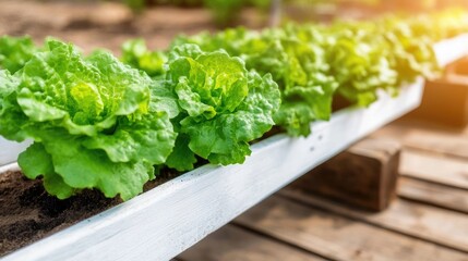 Lush rows of vibrant green lettuce growing in a hydroponic greenhouse setting with natural sunlight illuminating the scene