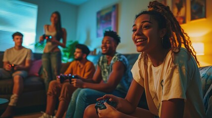 A group of young adults gathered in a cozy living room, playing video games and enjoying each other's company.