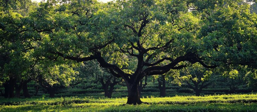 Majestic silver oak tree stands tall among lush tea estates creating a serene green landscape with dappled sunlight filtering through branches.