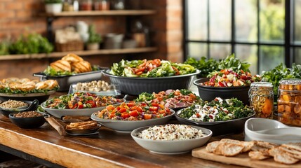 Fototapeta premium Diverse healthy buffet with salads, vegetables, and other dishes in a rustic dining setting
