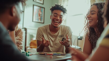 A group of young adults chatting and laughing in a living room, playing board games and enjoying their time at home.