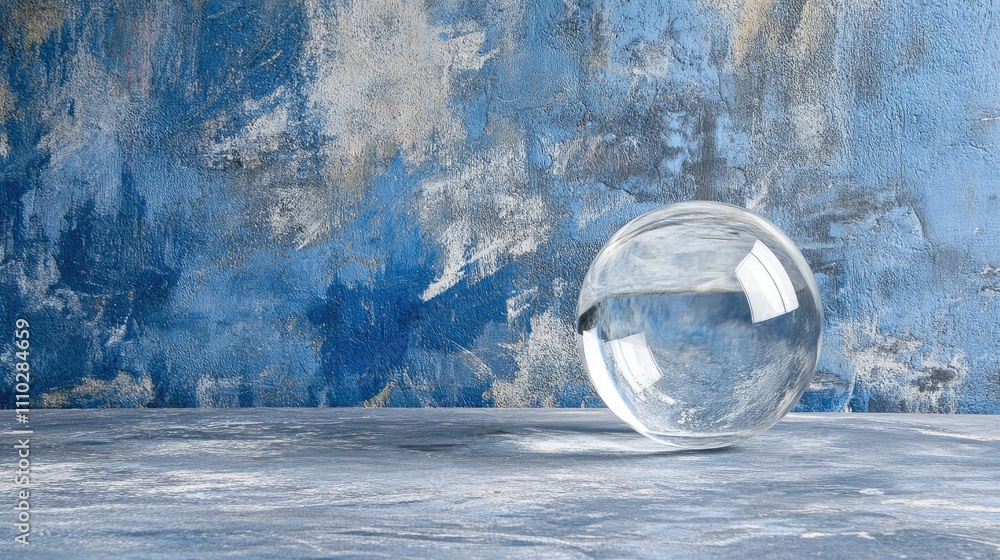 Aufkleber clear glass sphere resting on a textured table with a vibrant blue abstract background highlighting 