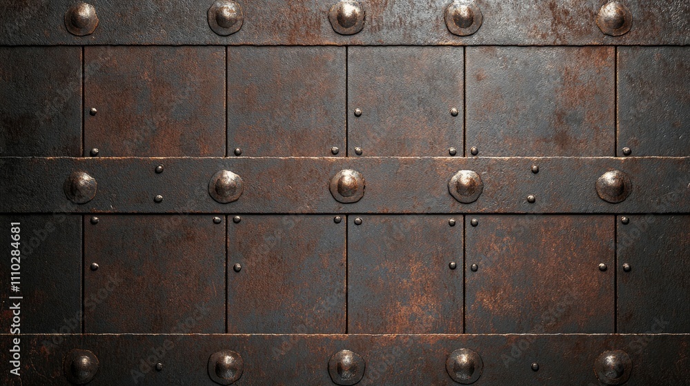 Poster rusty steel plate background with rivets showcasing an industrial texture for use in design and arch